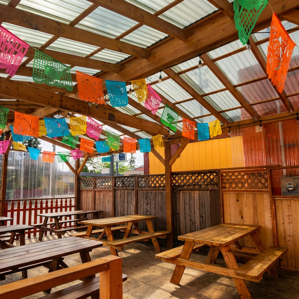 Covered outdoor restaurant patio with wooden picnic tables, colorful papel picado banners, and translucent walls.