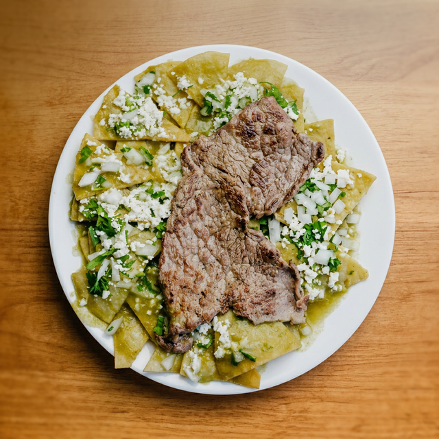 Chilaquiles with Eggs and Meat.